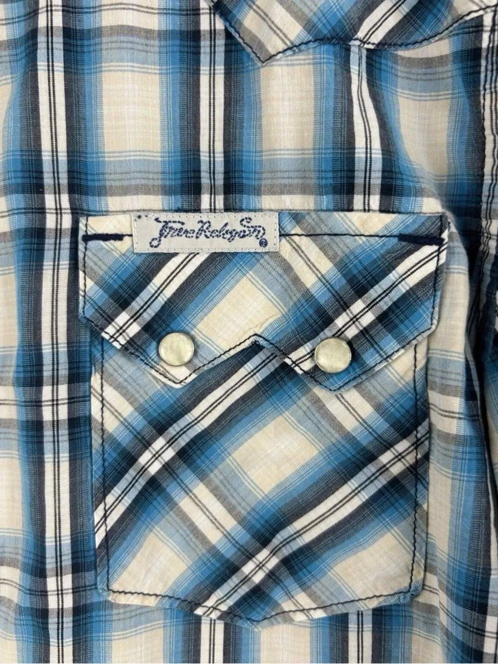 True Religion Men's Shirt Med Western Blue Plaid Pearl Snap Button Cowboy Core